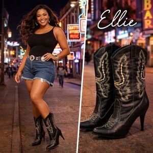 Ellie, Western Stiletto Cowboy Boots Cream Embroidery Rodeo Festival Glam Size 8